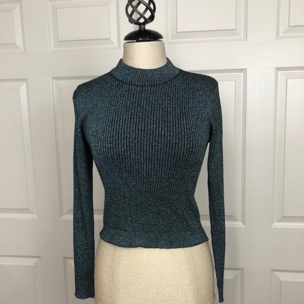 H&M Glitter Mock Neck Fitted Crop Sweater Sz L